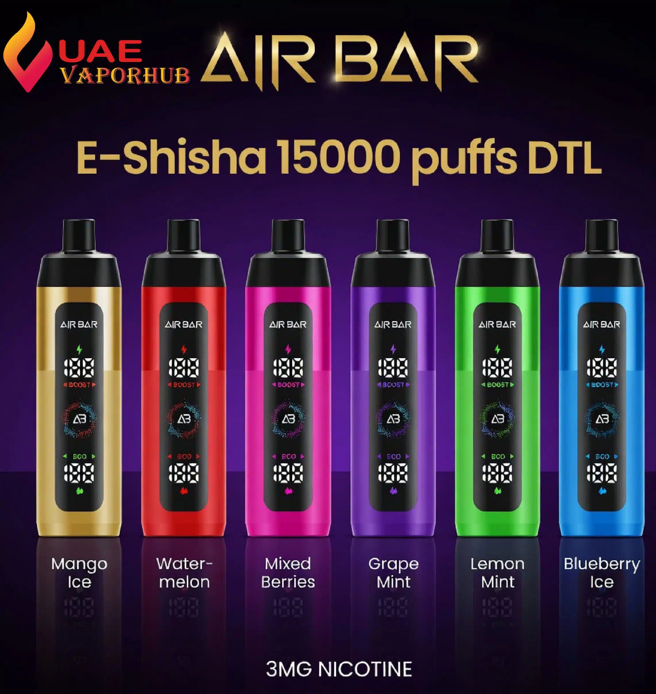 Air bar e shisha 15k Puffs Air Bar E-Shisha 15000 puffs 3MG DTL disposable vape device at UAE Vapor Hub